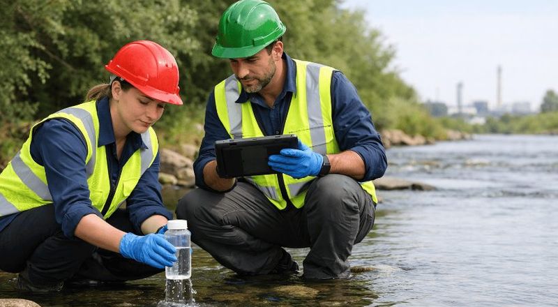 Técnicos coletando amostra de água em rio para análise ambiental